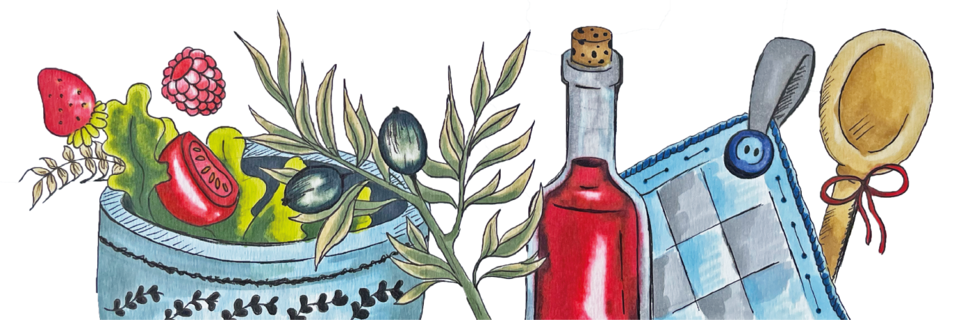 Illustration zum Thema Feinkost, Essig & Öl, Salat, Oliven, Kochlöffel und Topflappen